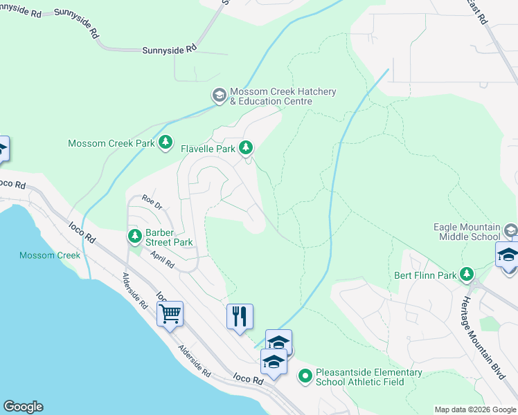 map of restaurants, bars, coffee shops, grocery stores, and more near April Road in Port Moody