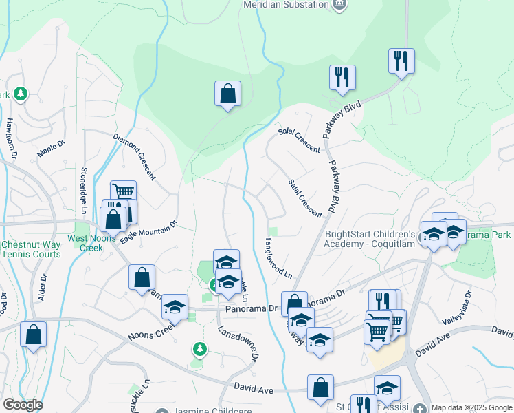 map of restaurants, bars, coffee shops, grocery stores, and more near 1552 Tanglewood Lane in Coquitlam
