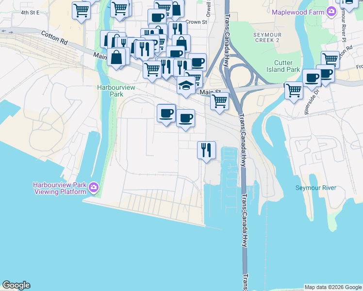 map of restaurants, bars, coffee shops, grocery stores, and more near 1514 Bay Street in North Vancouver