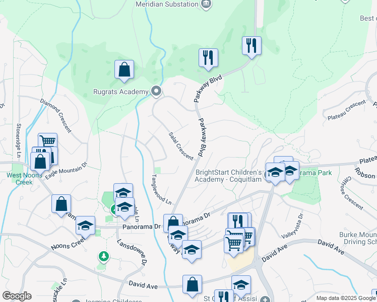 map of restaurants, bars, coffee shops, grocery stores, and more near 1535 Salal Crescent in Coquitlam