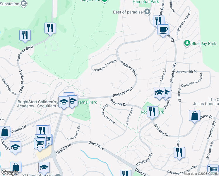 map of restaurants, bars, coffee shops, grocery stores, and more near 1516 Whitebark Place in Coquitlam