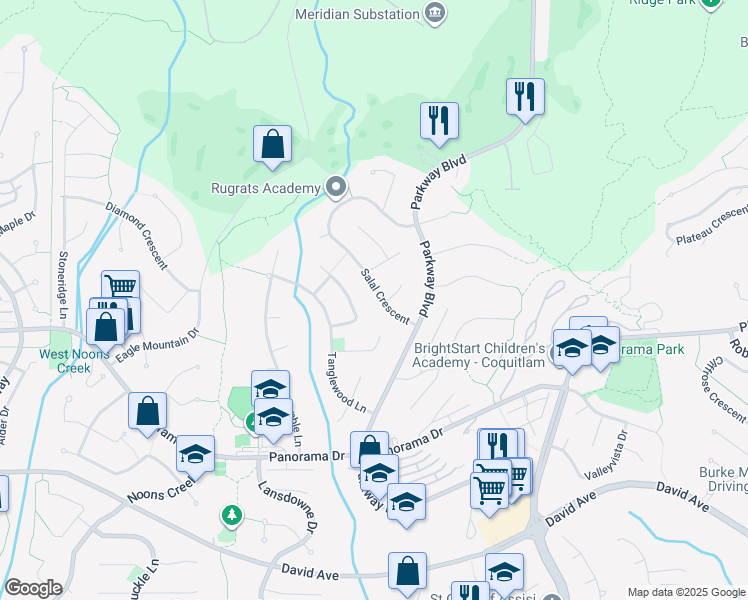 map of restaurants, bars, coffee shops, grocery stores, and more near 1548 Salal Crescent in Coquitlam