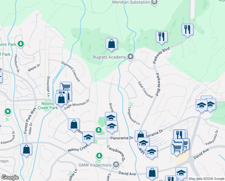 map of restaurants, bars, coffee shops, grocery stores, and more near 1565 Bramble Lane in Coquitlam