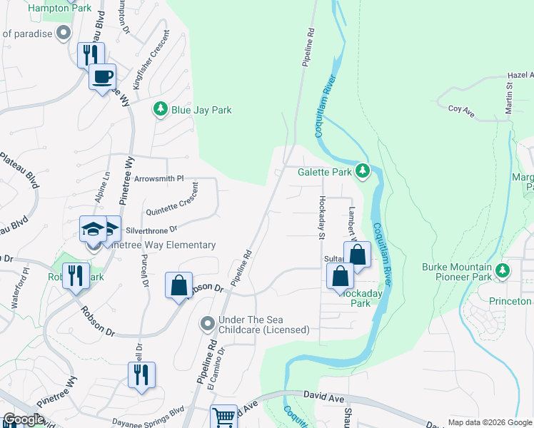 map of restaurants, bars, coffee shops, grocery stores, and more near 1450 Pipeline Road in Coquitlam