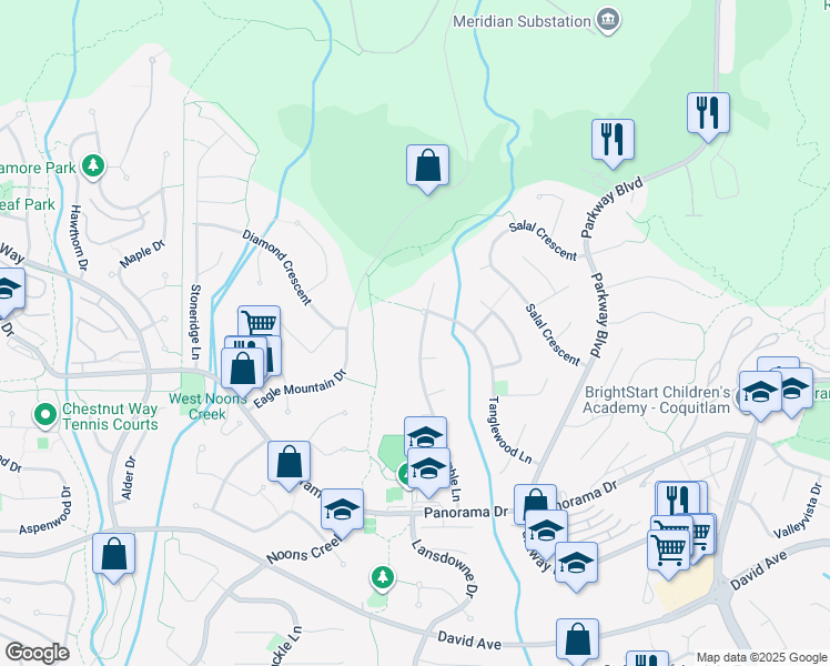 map of restaurants, bars, coffee shops, grocery stores, and more near 1568 Bramble Lane in Coquitlam