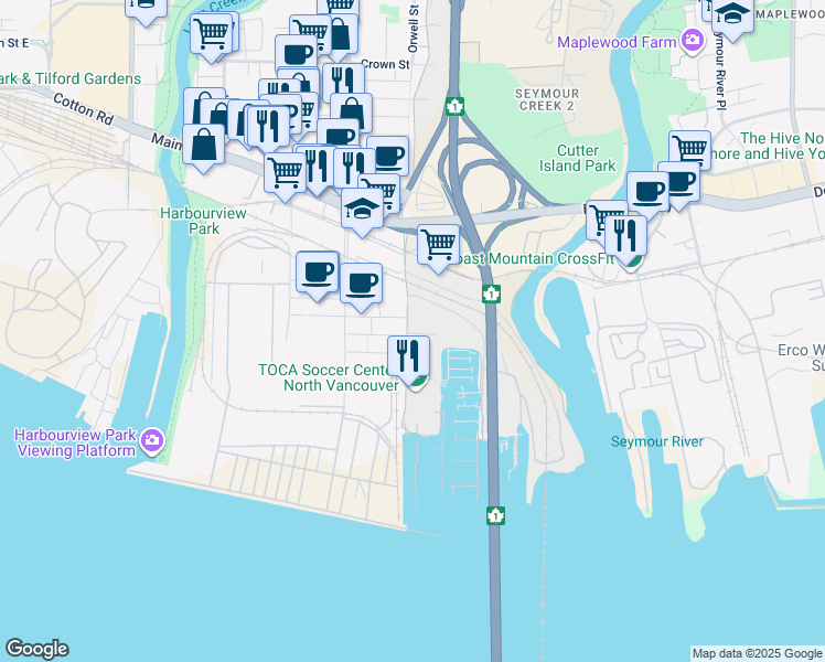 map of restaurants, bars, coffee shops, grocery stores, and more near 201 Orwell Street in North Vancouver