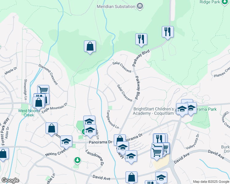 map of restaurants, bars, coffee shops, grocery stores, and more near 1563 Wintergreen Place in Coquitlam