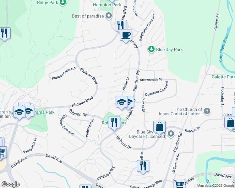 map of restaurants, bars, coffee shops, grocery stores, and more near 2948 Pika Court in Coquitlam