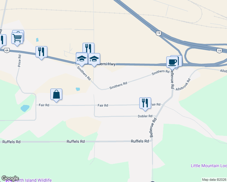 map of restaurants, bars, coffee shops, grocery stores, and more near 1154 Smithers Road in Parksville