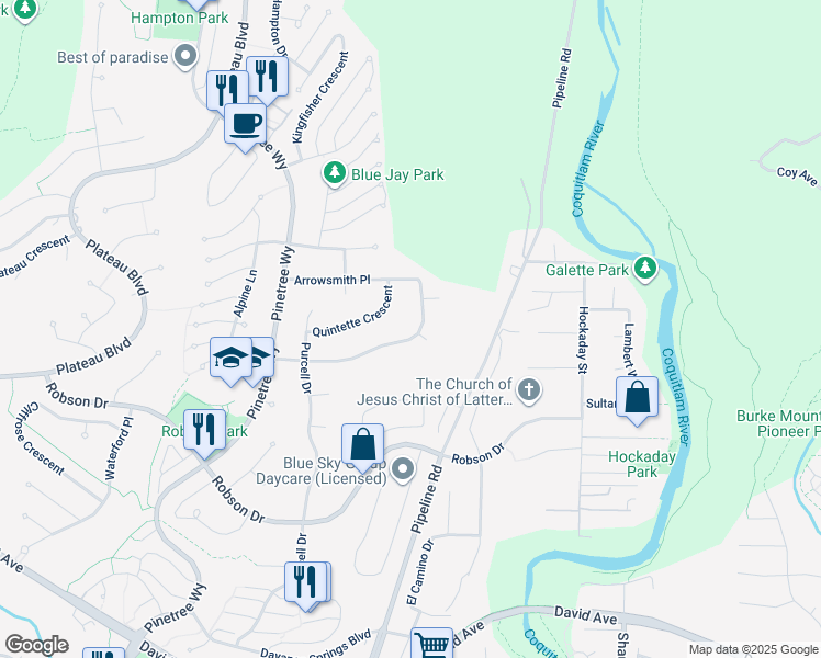 map of restaurants, bars, coffee shops, grocery stores, and more near 3147 Silverthrone Drive in Coquitlam