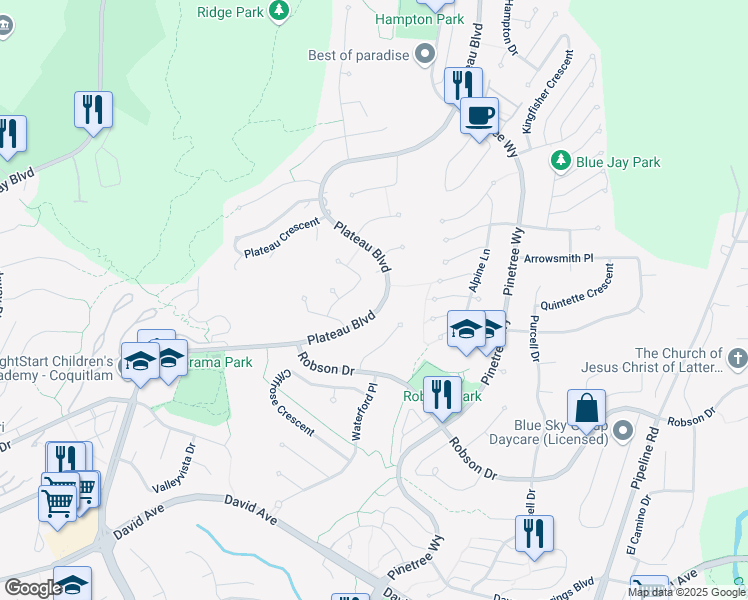 map of restaurants, bars, coffee shops, grocery stores, and more near 3022 Plateau Boulevard in Coquitlam