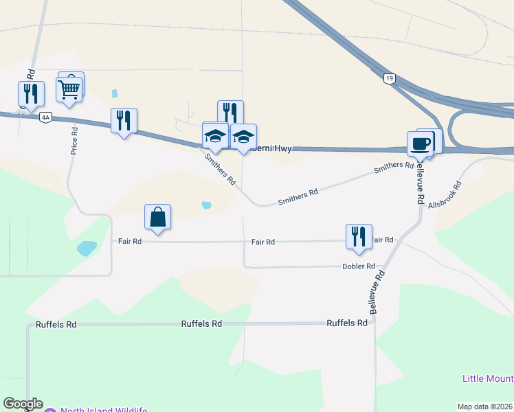 map of restaurants, bars, coffee shops, grocery stores, and more near 1170 Smithers Road in Parksville