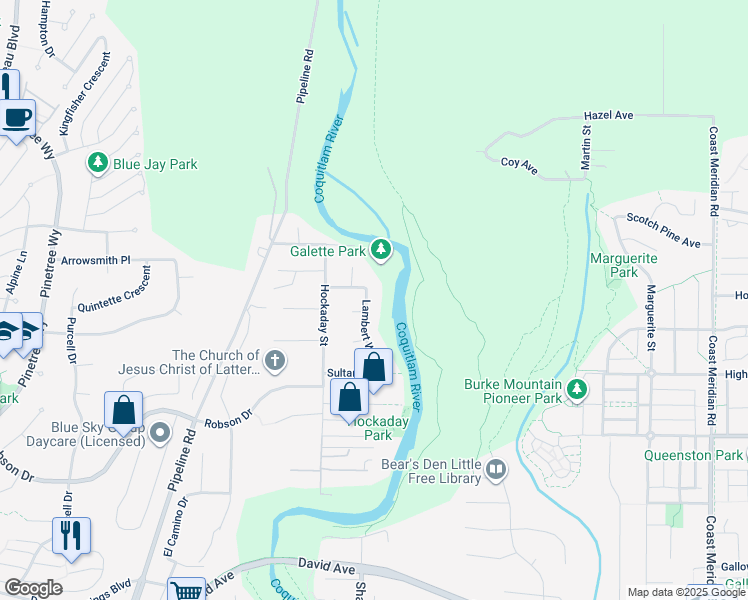 map of restaurants, bars, coffee shops, grocery stores, and more near 1455 Lambert Way in Coquitlam