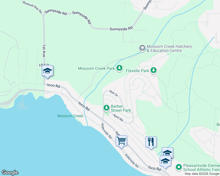 map of restaurants, bars, coffee shops, grocery stores, and more near 129 Roe Drive in Port Moody