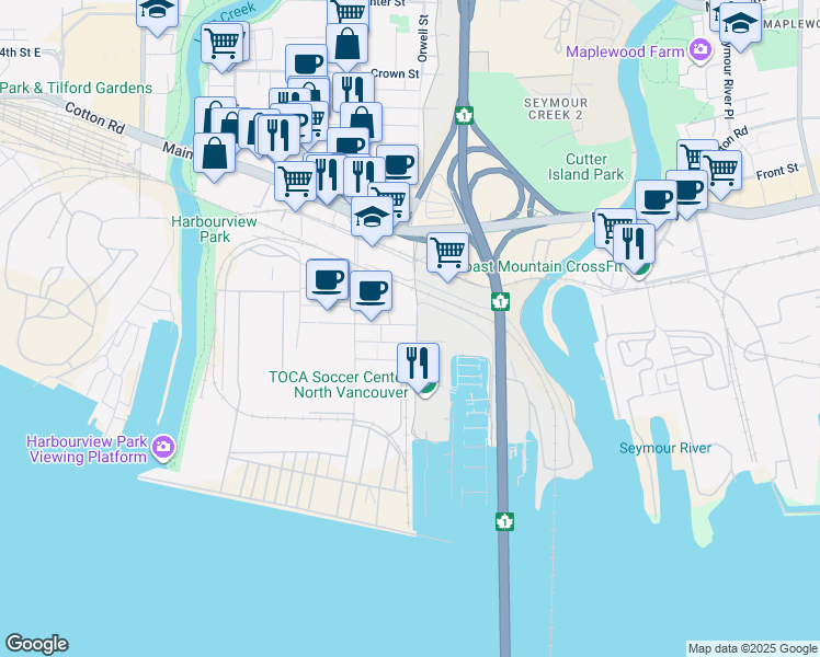 map of restaurants, bars, coffee shops, grocery stores, and more near 201 Orwell Street in North Vancouver