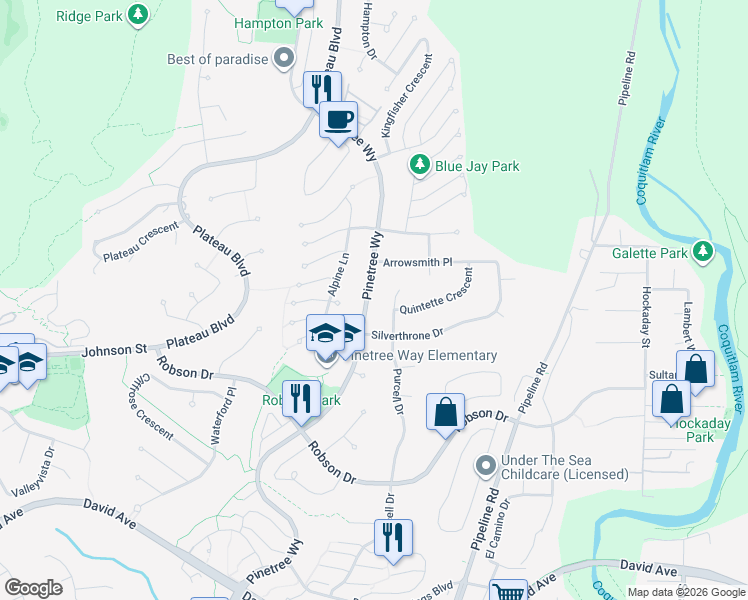 map of restaurants, bars, coffee shops, grocery stores, and more near 1555 Pinetree Way in Coquitlam