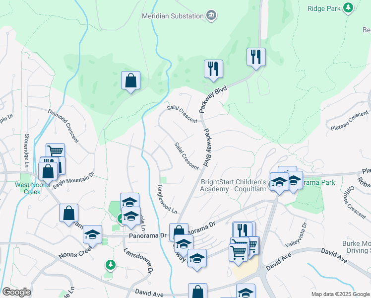 map of restaurants, bars, coffee shops, grocery stores, and more near 1551 Salal Crescent in Coquitlam