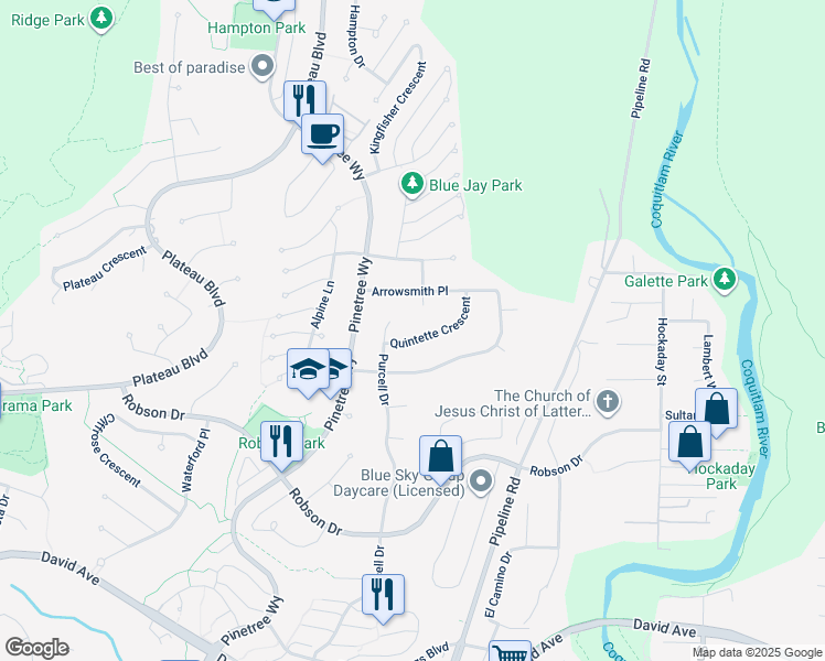 map of restaurants, bars, coffee shops, grocery stores, and more near 3113 Quintette Crescent in Coquitlam