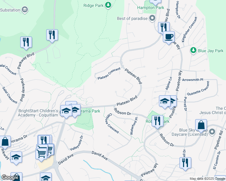map of restaurants, bars, coffee shops, grocery stores, and more near 1522 Whitebark Place in Coquitlam