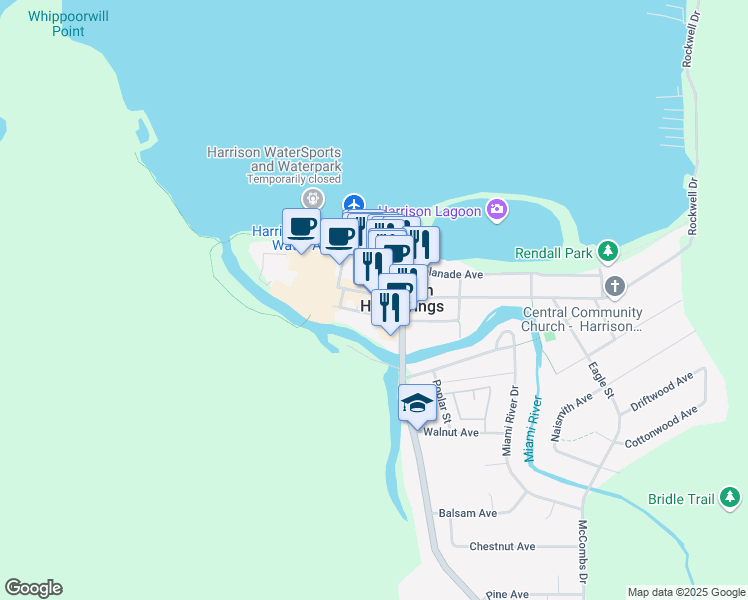 map of restaurants, bars, coffee shops, grocery stores, and more near 160 Lillooet Road in Harrison Hot Springs