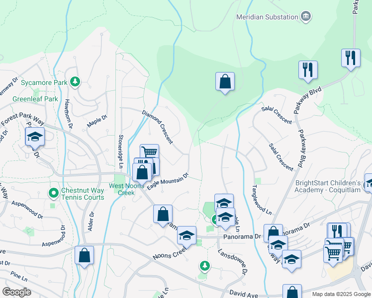 map of restaurants, bars, coffee shops, grocery stores, and more near 2599 Diamond Crescent in Coquitlam