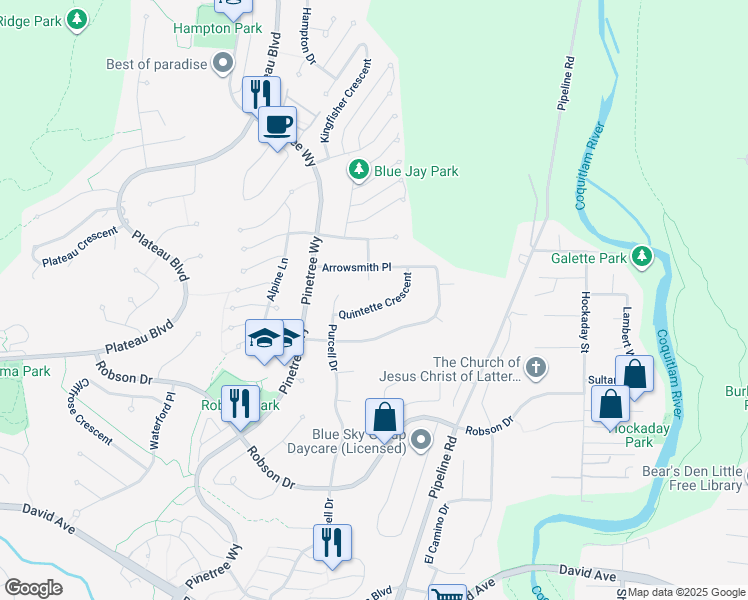 map of restaurants, bars, coffee shops, grocery stores, and more near 3129 Silverthrone Drive in Coquitlam