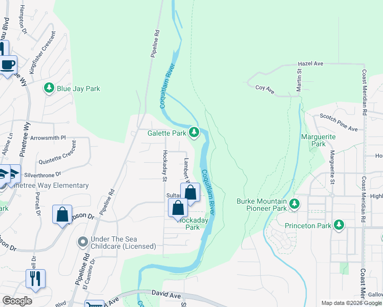 map of restaurants, bars, coffee shops, grocery stores, and more near 3332 Turner Avenue in Coquitlam