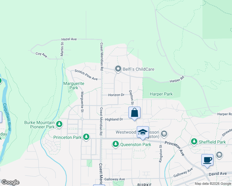 map of restaurants, bars, coffee shops, grocery stores, and more near 3401 Horizon Drive in Coquitlam