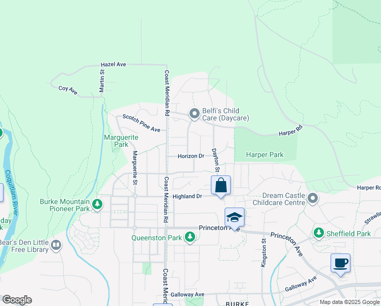 map of restaurants, bars, coffee shops, grocery stores, and more near 3401 Horizon Drive in Coquitlam