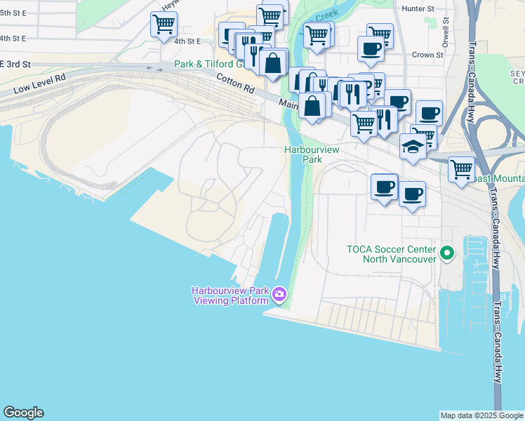 map of restaurants, bars, coffee shops, grocery stores, and more near 20 Brooksbank Avenue in North Vancouver
