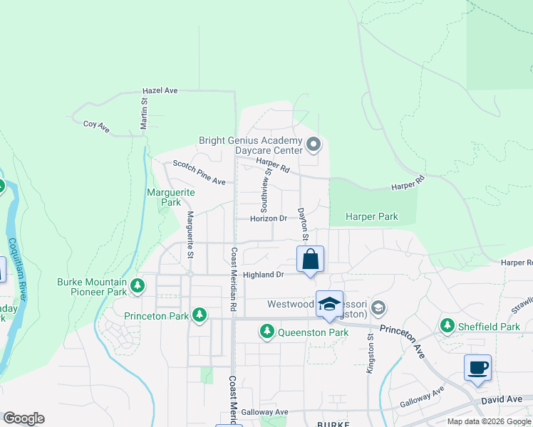 map of restaurants, bars, coffee shops, grocery stores, and more near 3401 Horizon Drive in Coquitlam