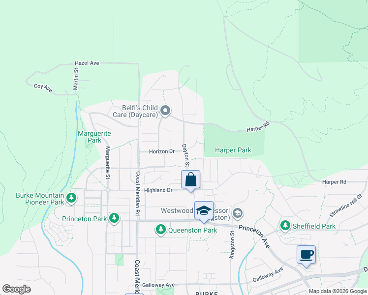 map of restaurants, bars, coffee shops, grocery stores, and more near Dayton Street in Coquitlam