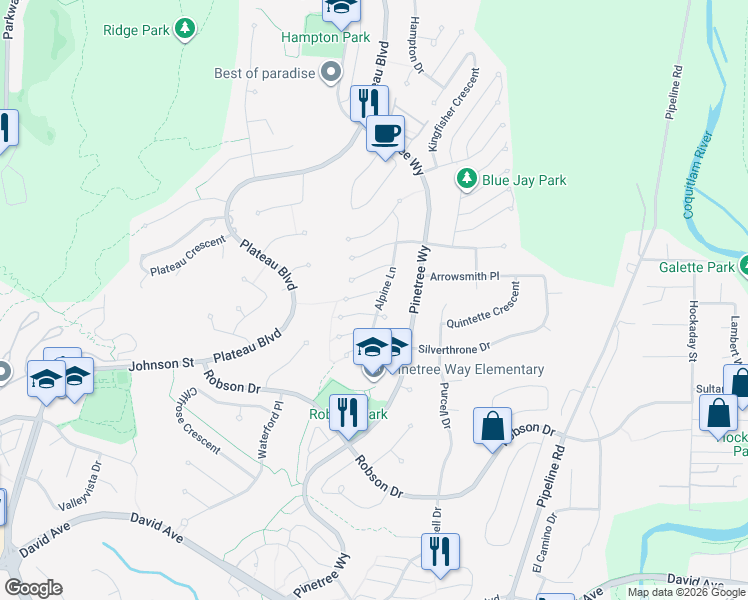 map of restaurants, bars, coffee shops, grocery stores, and more near 1542 Alpine Lane in Coquitlam
