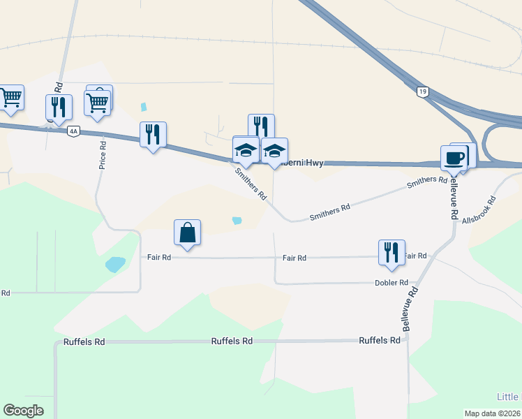 map of restaurants, bars, coffee shops, grocery stores, and more near 1210 Smithers Road in Parksville