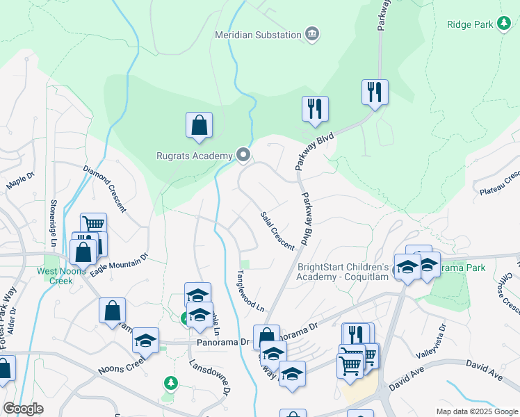 map of restaurants, bars, coffee shops, grocery stores, and more near Salal Crescent in Coquitlam