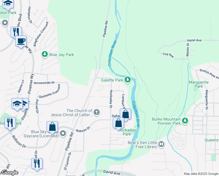 map of restaurants, bars, coffee shops, grocery stores, and more near 3320 Rakanna Place in Coquitlam