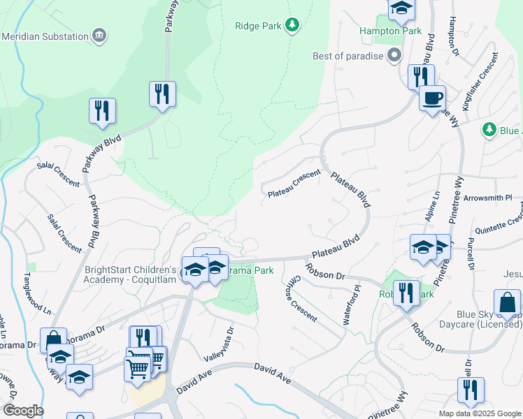 map of restaurants, bars, coffee shops, grocery stores, and more near 1642 Plateau Crescent in Coquitlam