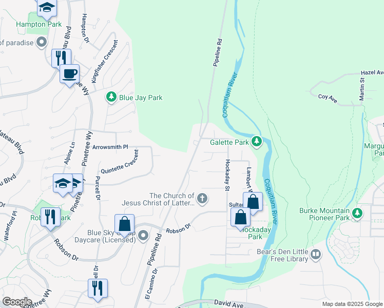 map of restaurants, bars, coffee shops, grocery stores, and more near 1458 Pipeline Road in Coquitlam
