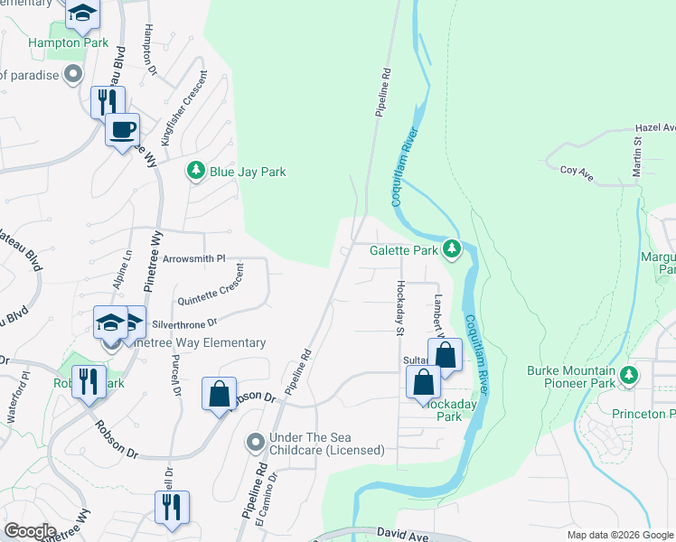 map of restaurants, bars, coffee shops, grocery stores, and more near 3303 Rakanna Place in Coquitlam