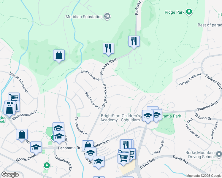 map of restaurants, bars, coffee shops, grocery stores, and more near 2962 Forestridge Place in Coquitlam