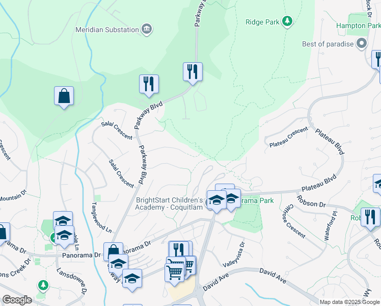 map of restaurants, bars, coffee shops, grocery stores, and more near 2989 Forestridge Place in Coquitlam