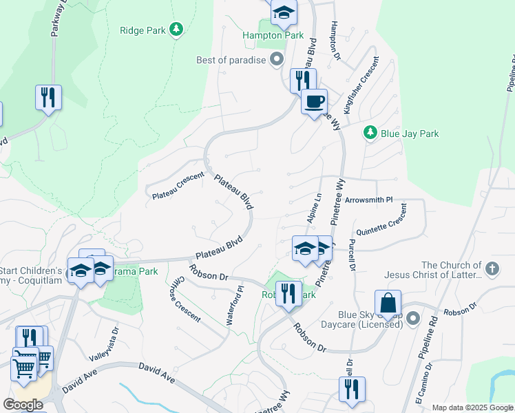 map of restaurants, bars, coffee shops, grocery stores, and more near 3027 Plateau Boulevard in Coquitlam
