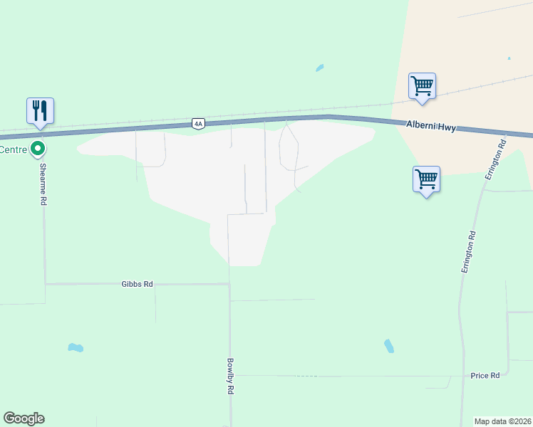 map of restaurants, bars, coffee shops, grocery stores, and more near 1077 Whibley Road in Errington
