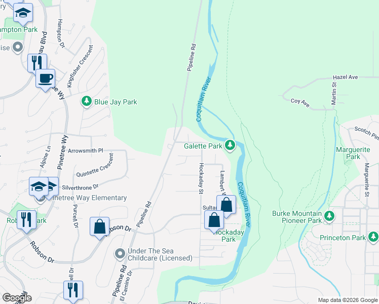 map of restaurants, bars, coffee shops, grocery stores, and more near 3311 Rakanna Place in Coquitlam