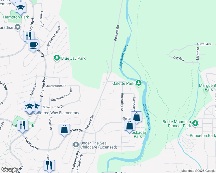 map of restaurants, bars, coffee shops, grocery stores, and more near 3303 Rakanna Place in Coquitlam