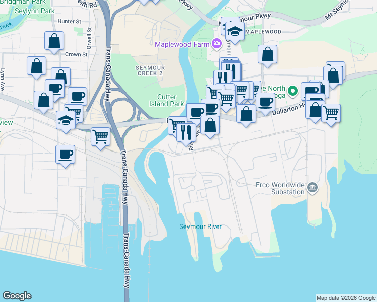 map of restaurants, bars, coffee shops, grocery stores, and more near 101 Riverside Drive in North Vancouver