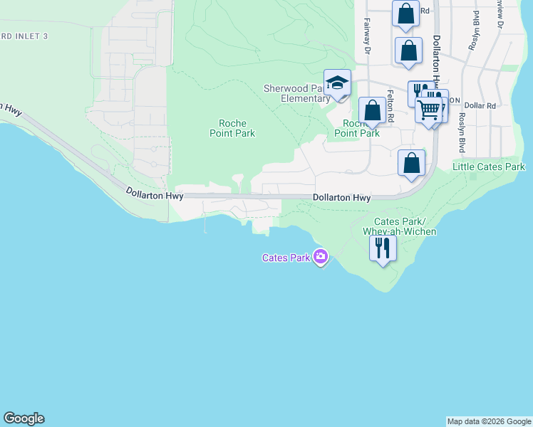 map of restaurants, bars, coffee shops, grocery stores, and more near 3881 Cates Landing Way in North Vancouver