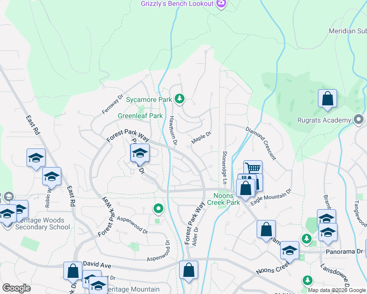 map of restaurants, bars, coffee shops, grocery stores, and more near 75 Maple Drive in Port Moody