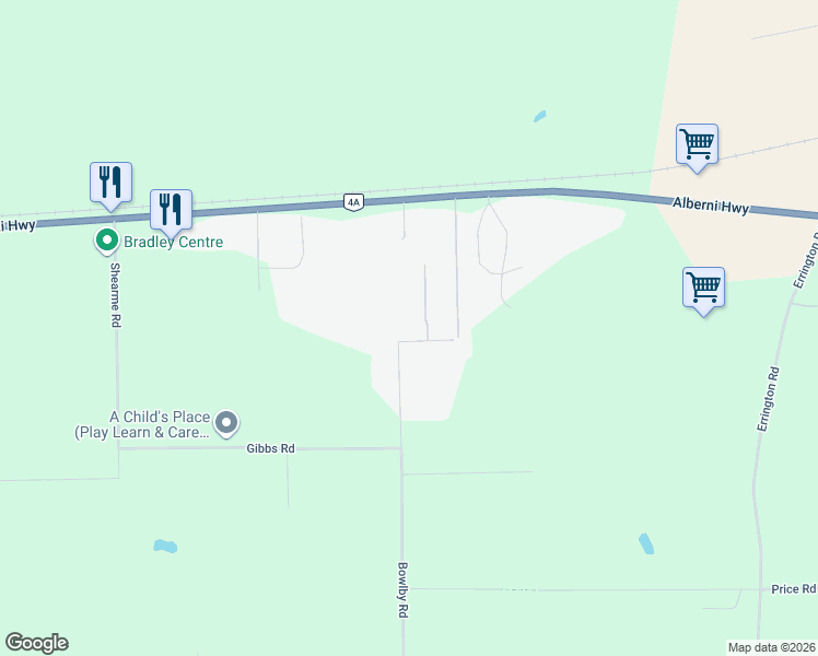 map of restaurants, bars, coffee shops, grocery stores, and more near 1755 Whibley Road in Errington