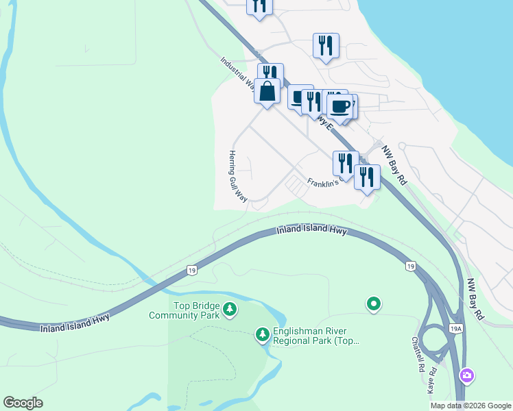 map of restaurants, bars, coffee shops, grocery stores, and more near 1128 Herring Gull Way in Parksville